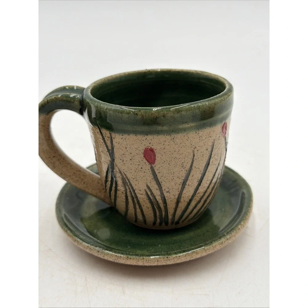 Studio Pottery Demitasse Espresso Coffee Cup W/Saucer Handmade Signed